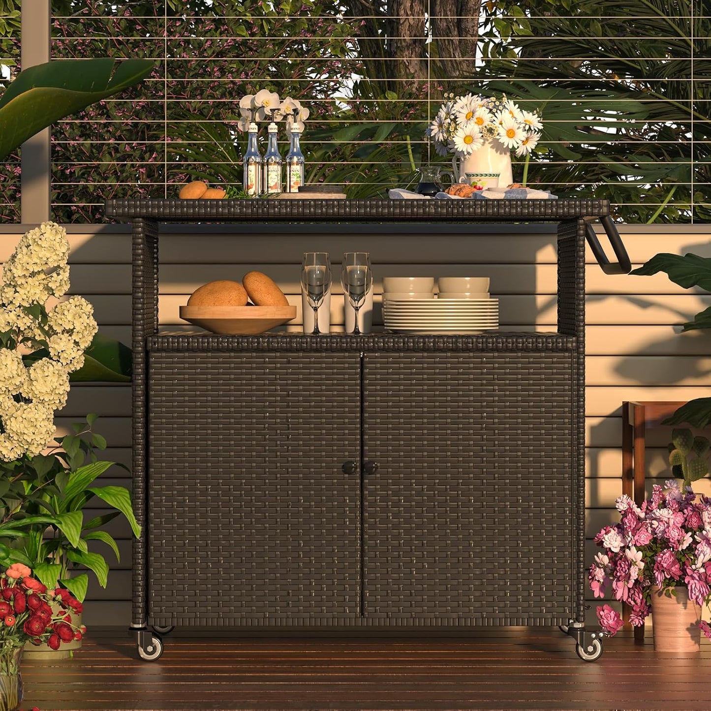 YODOLLA Outdoor Bar Cart, Patio Storage Grill Cart with Handles,Black