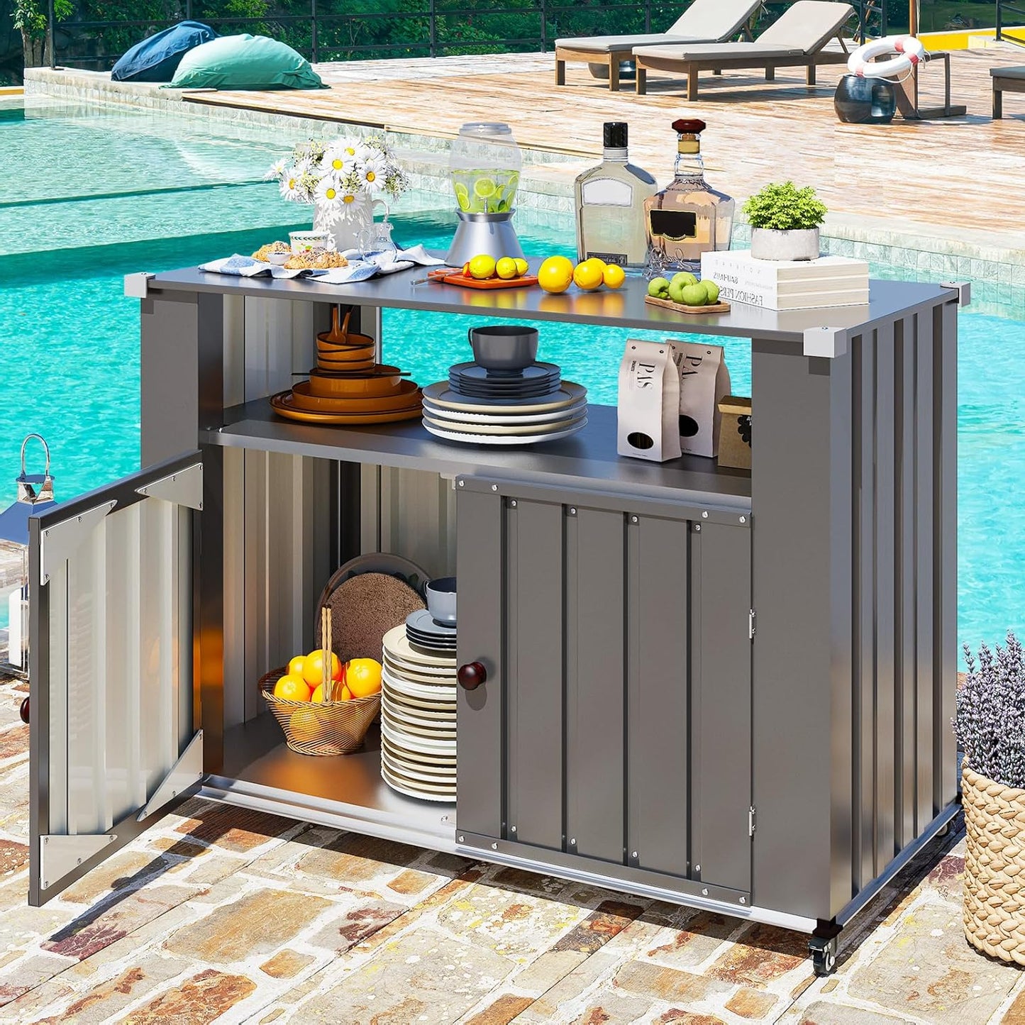 YODOLLA Outdoor Grill Table with Storage Cabinet Weatherproof, Dark Gray