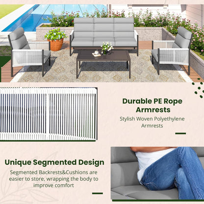 YODOLLA 4 Pieces Aluminum Patio Furniture Set with PE Rope Armrest, Light Grey