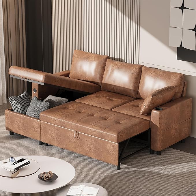 YODOLLA Faux Leather L-Shaped Sleeper Sofa, Pullout Bed, USB & Storage, Brown