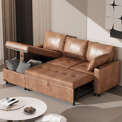YODOLLA Faux Leather L-Shaped Sleeper Sofa, Pullout Bed, USB & Storage, Brown