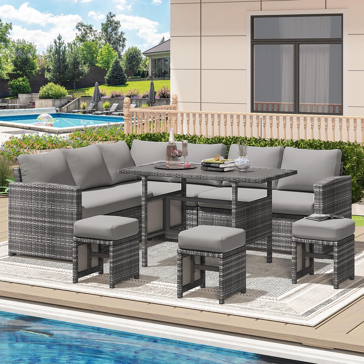 YODOLLA 7 Pieces Outdoor Wicker Rattan Furniture Set, Gray