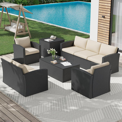 YODOLLA 7 PCS Outdoor Patio Furniture Sets with 2 Storage Boxes, Black & Beige