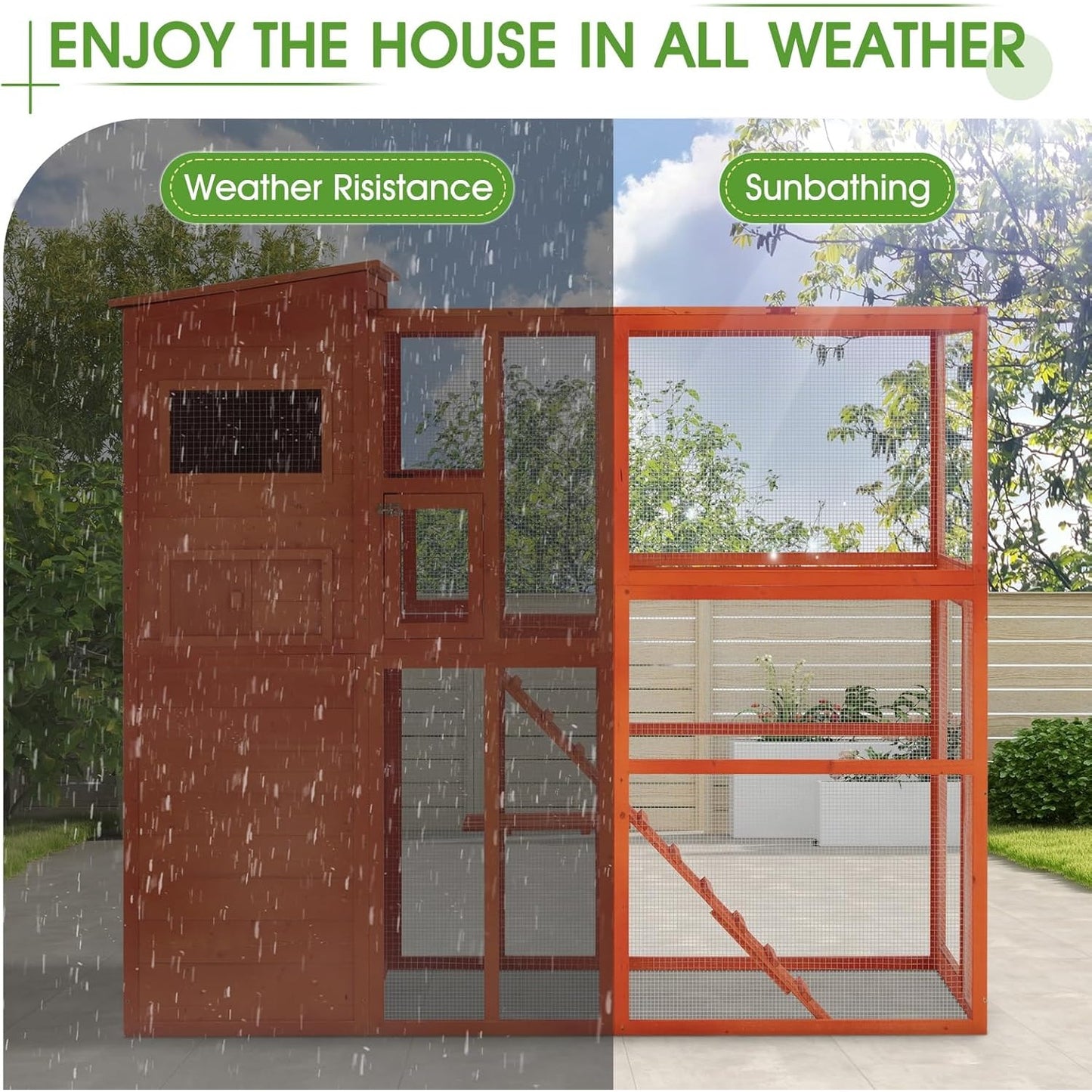 YODOLLA Large Spacious Cat Cage with Weatherproof Roof, Natural Wood