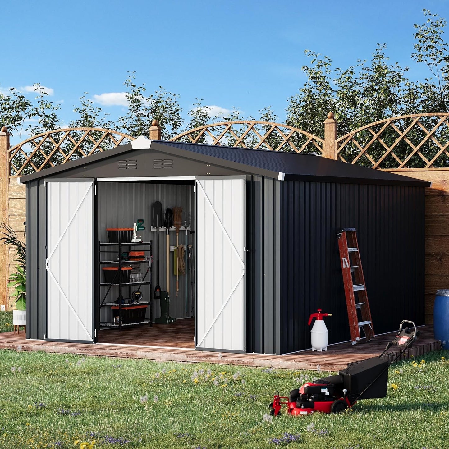 YODOLLA 10x14 Metal Outdoor Storage Garden Shed, Dark Gray