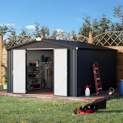 YODOLLA 10x14 Metal Outdoor Storage Garden Shed, Dark Gray