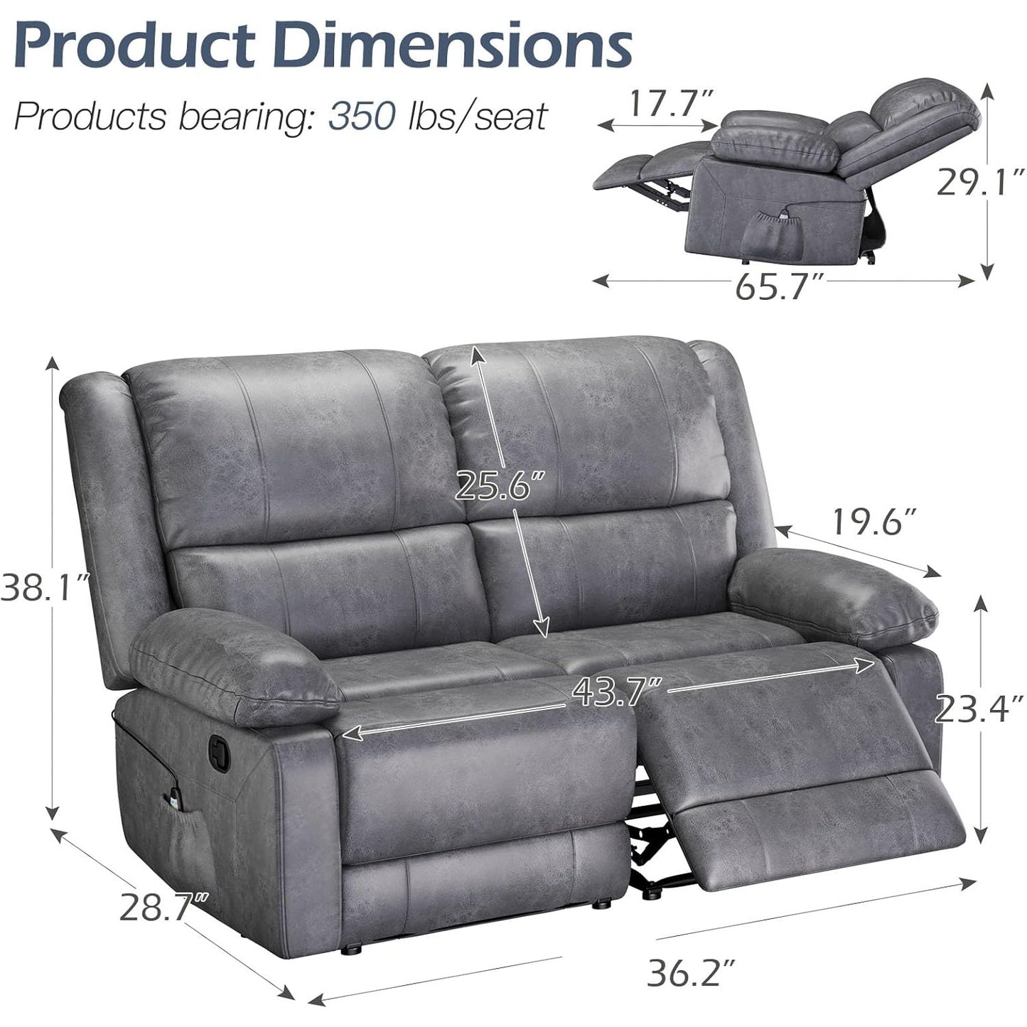YODOLLA 2 Seat Loveseat Recliner with Heat&Massage Function, Faux Leather, Grey
