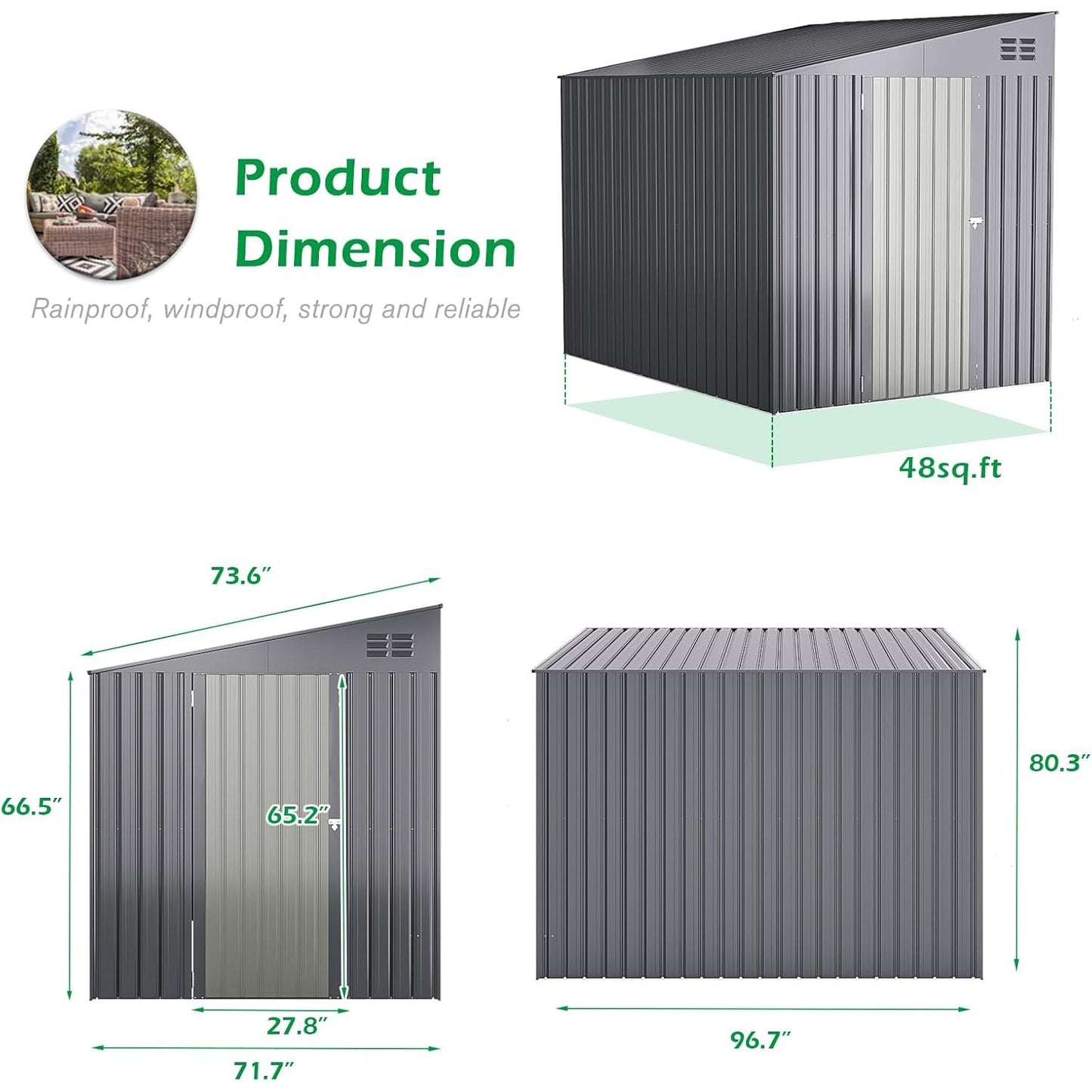 YODOLLA Outdoor 6' x 8' Metal Wall Side Lean to Storage Shed, Dark Gray