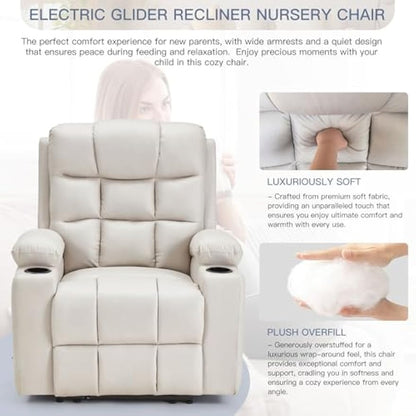 YODOLLA Wide Armrests Electric Recliner Nursery Chair, Faux Leather Beige