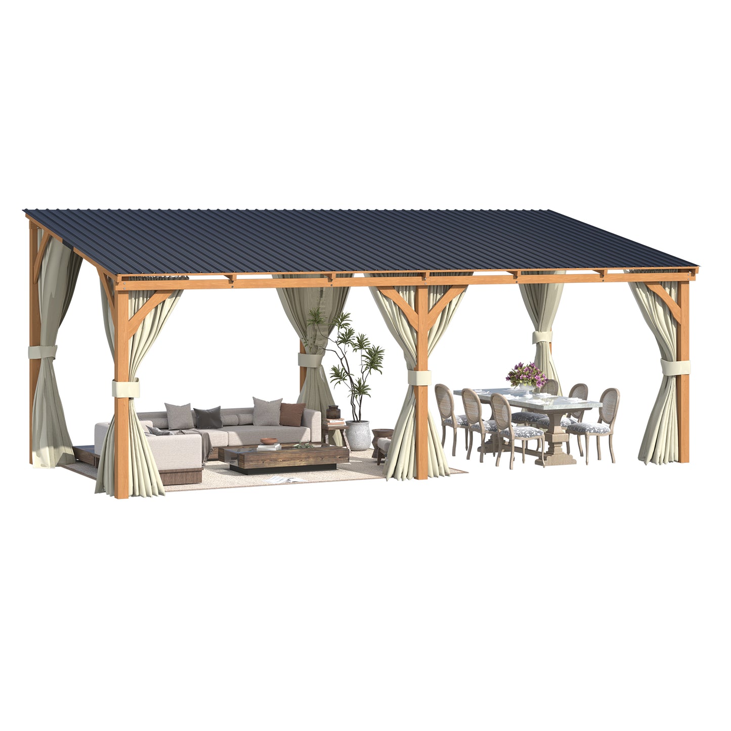 YODOLLA 20x10 Outdoor Wooden Pergola Gazebo with Curtains and Netting for Patio