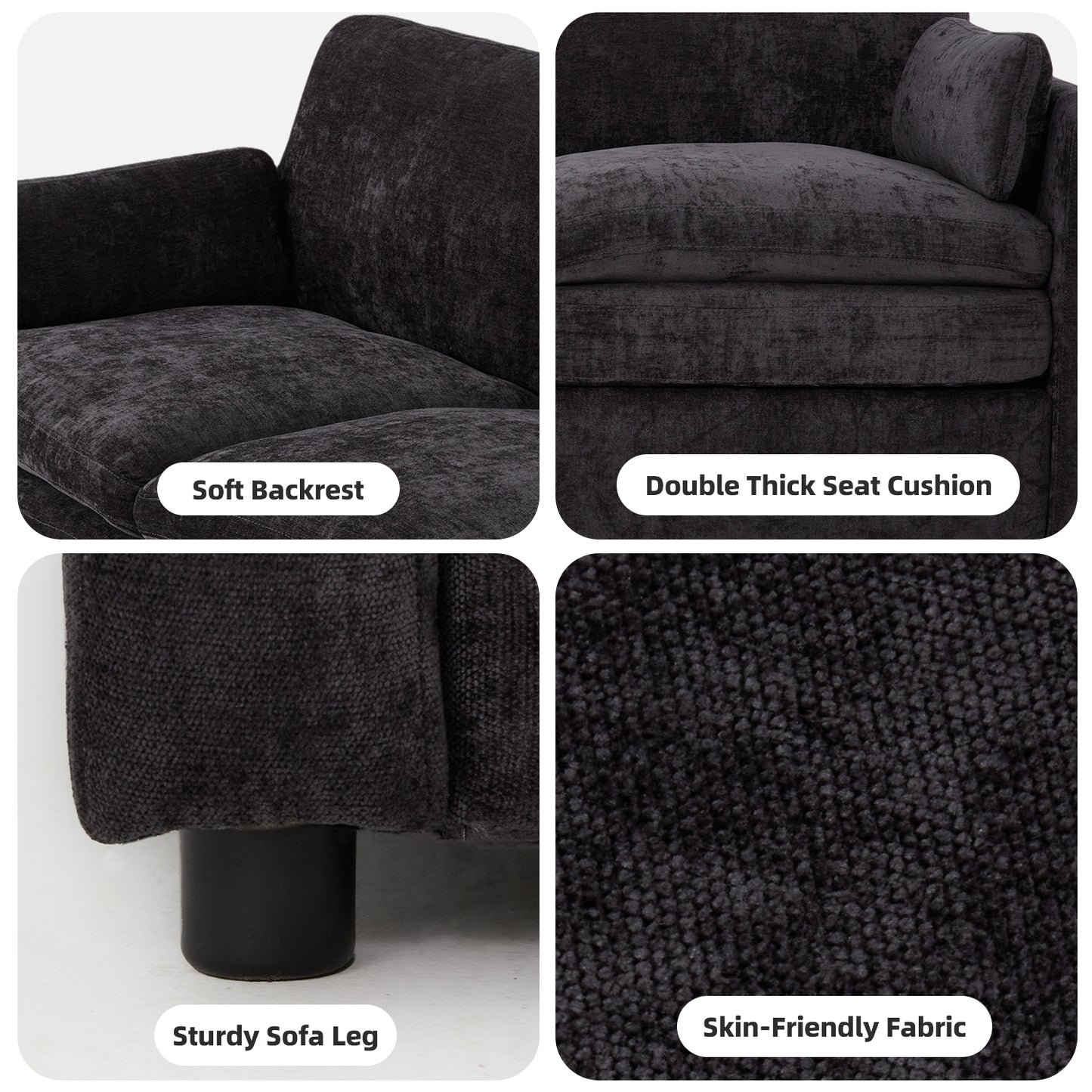 YODOLLA 89" Chenille Sofa, 3-Seater, 2 Removable Pillows, Black