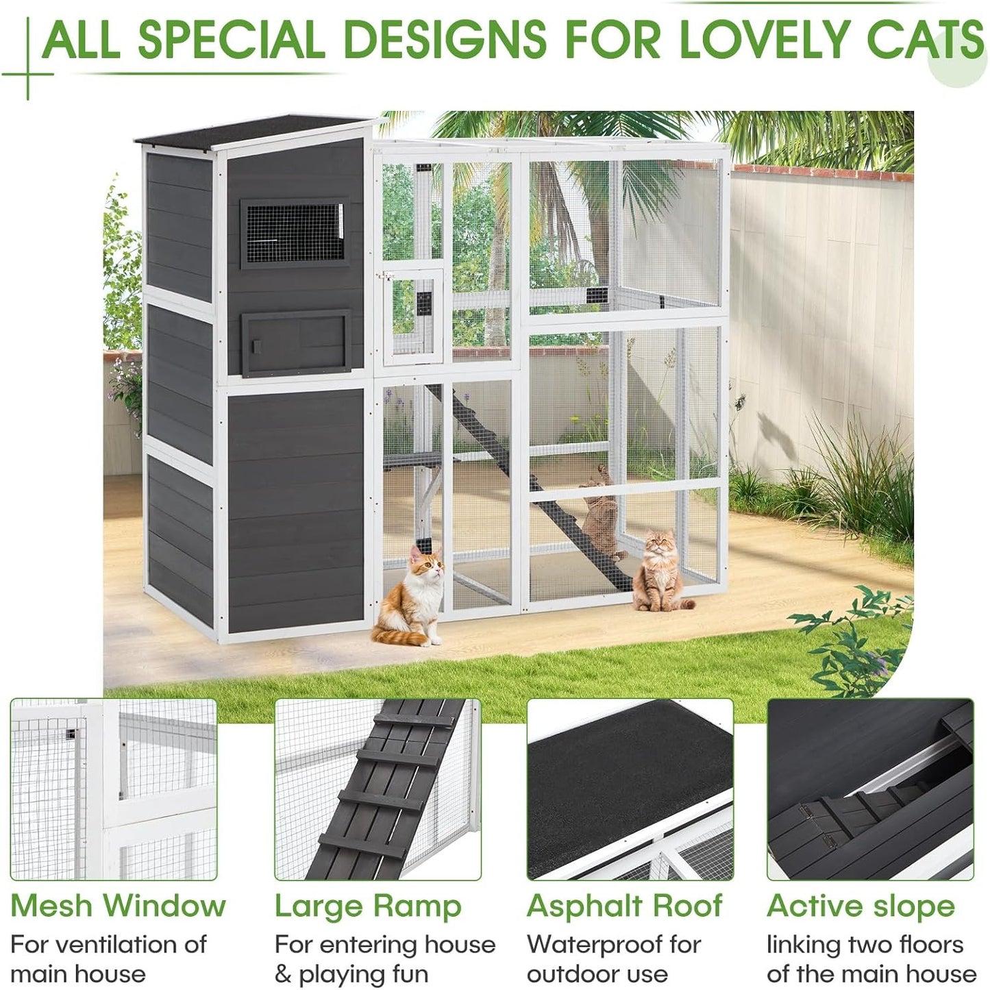 YODOLLA Large Spacious Cat Cage With Weatherproof Roof, Grey