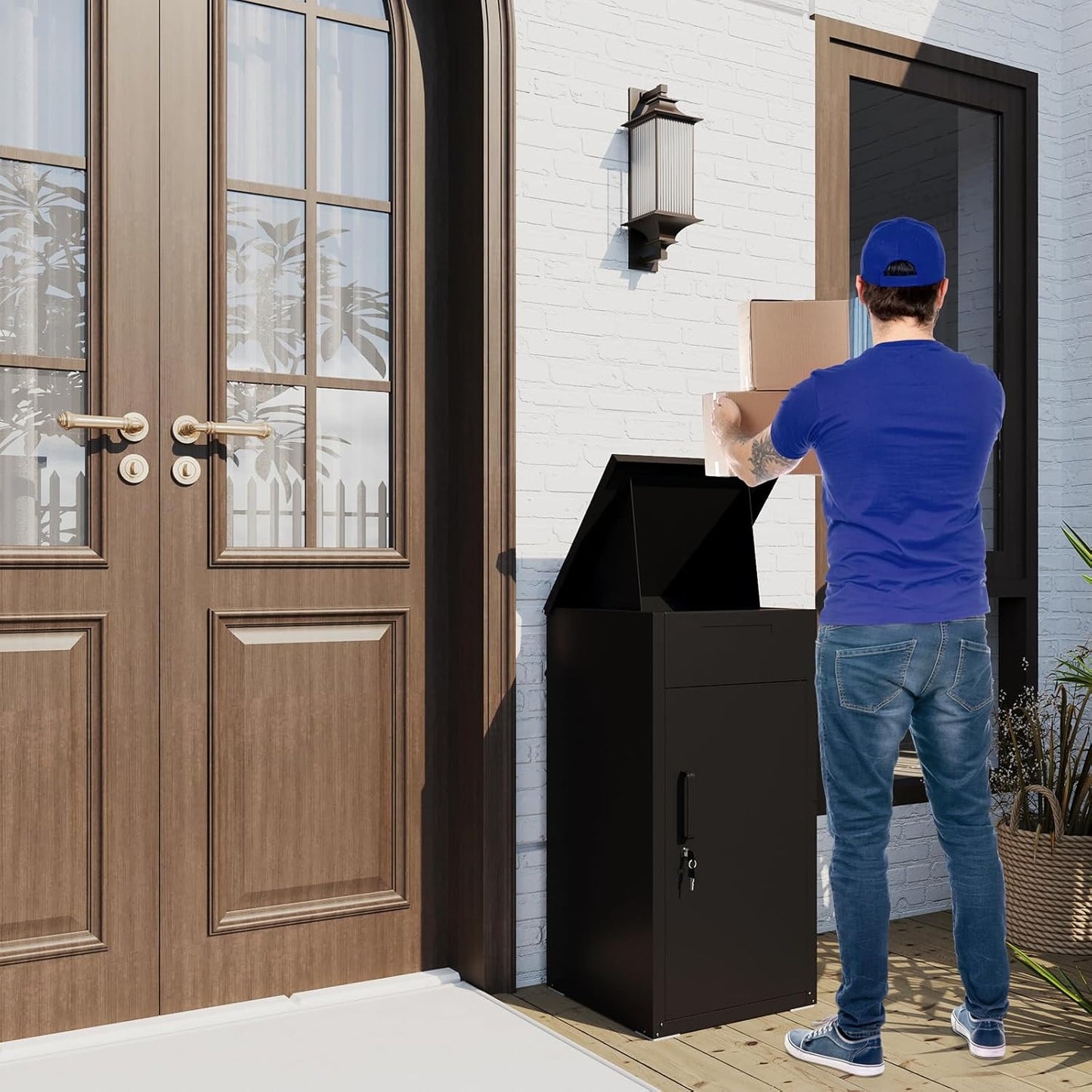 YODOLLA Lockable Anti-Theft Parcel Drop Box With Mailbox For Porch Fence Curbside, Dark Brown