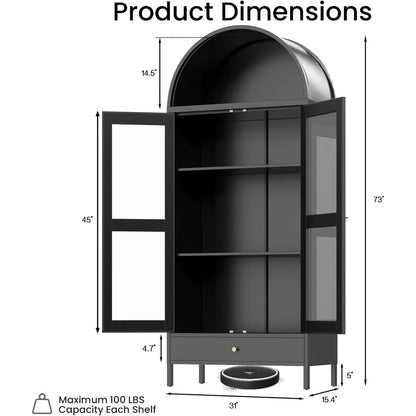 YODOLLA 73'' Kitchen Pantry, Metal Arched Storage Cabinet, Modern Display Bookcase China Cabinet
