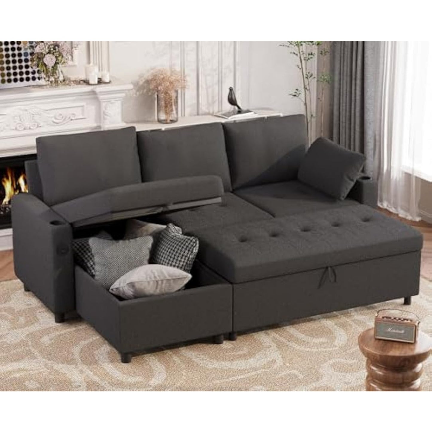 YODOLLA Teddy Velvet L-Shaped Sleeper Sofa, Pullout Bed, USB & Storage, Black