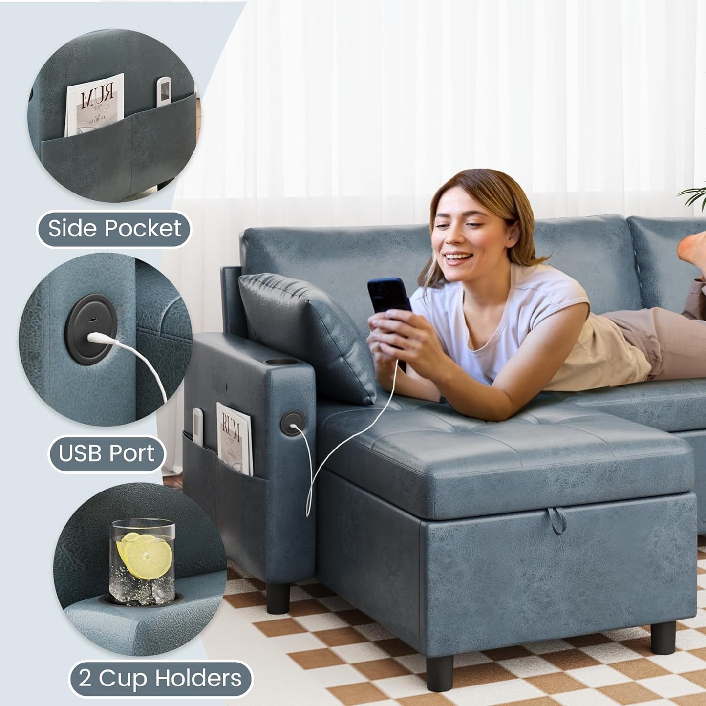 YODOLLA Faux Leather L-Shaped Sleeper Sofa, Pullout Bed, USB & Storage, Blue