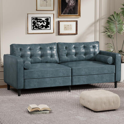 YODOLLA 84.2" 3-Seats Large Sofa Couch Couch, Faux Leather Blue