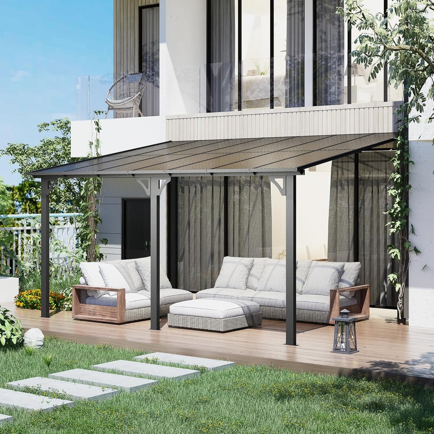 YODOLLA 14' x 10' Hard Top Lean to Gazebo Outdoor Pergola, Dark Grey