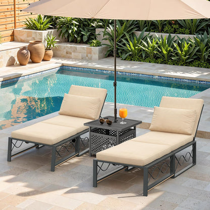 YODOLLA Outdoor Metal Chaise Lounge Adjustable Chair Set of 2 with 1 Side Table