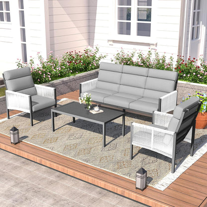 YODOLLA 4 Pieces Aluminum Patio Furniture Set with PE Rope Armrest, Light Grey