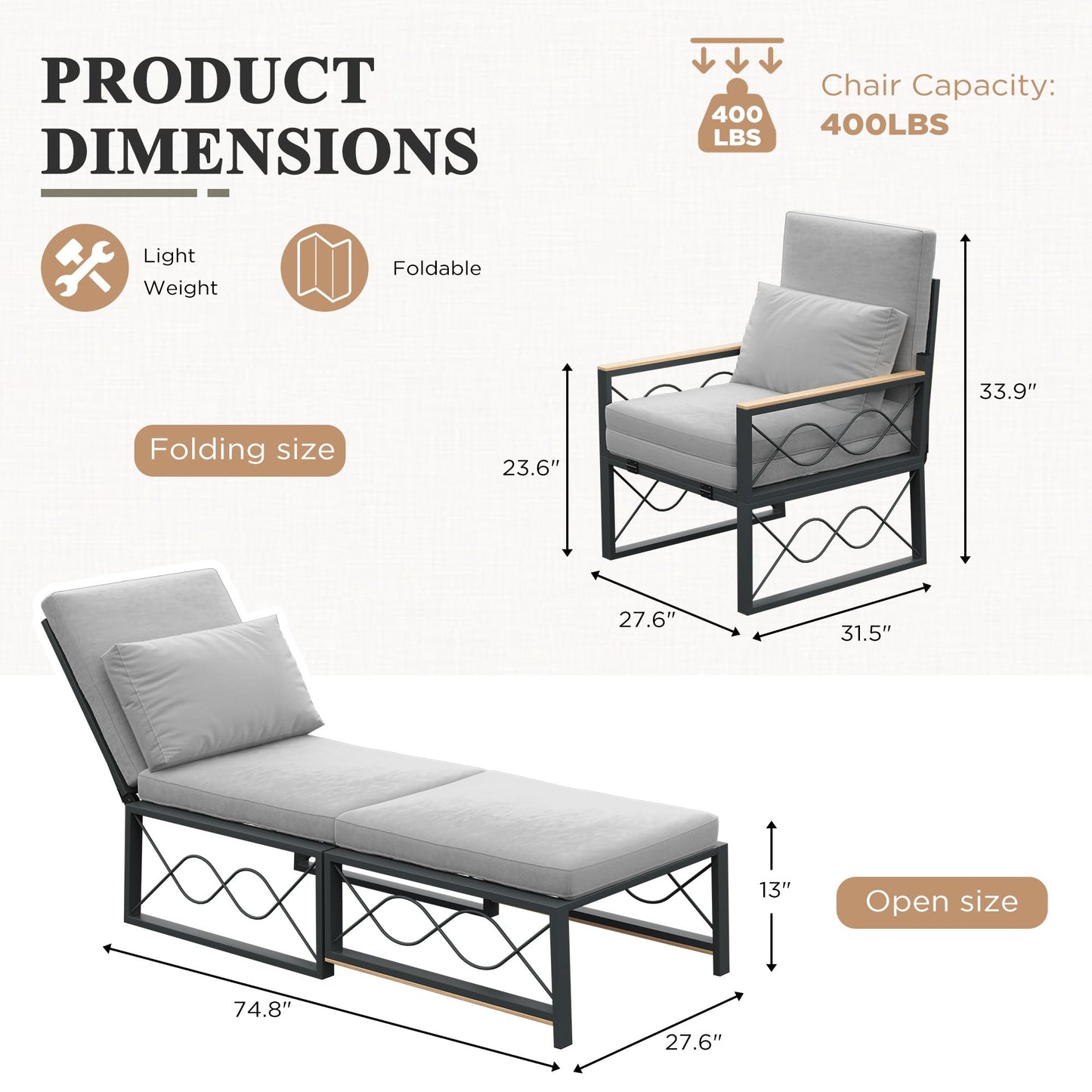 YODOLLA Outdoor Metal Chaise Lounge Chair Adjustable 5-Position Recliner