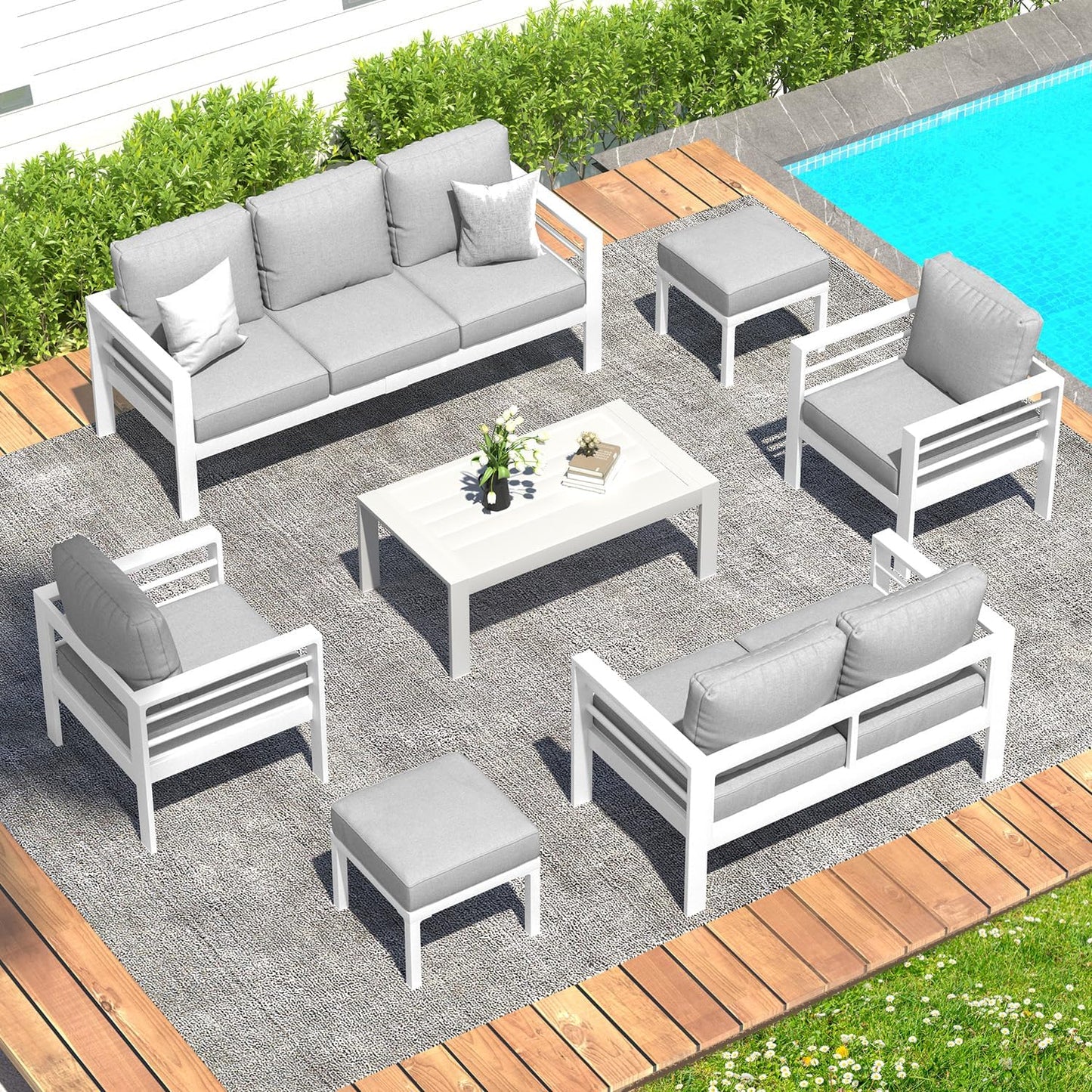 YODOLLA 7-Piece Patio Set, Light Gray Cushions