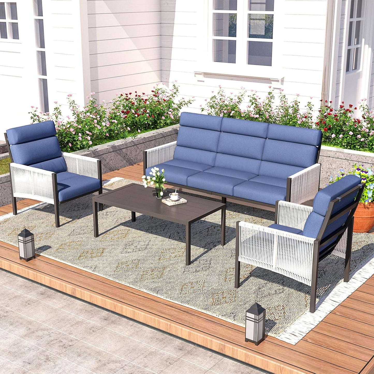 YODOLLA 4 Pieces Aluminum Patio Furniture Set with PE Rope Armrest, Dark Blue