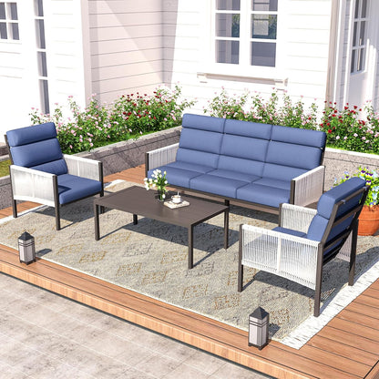 YODOLLA 4 Pieces Aluminum Patio Furniture Set with PE Rope Armrest, Dark Blue