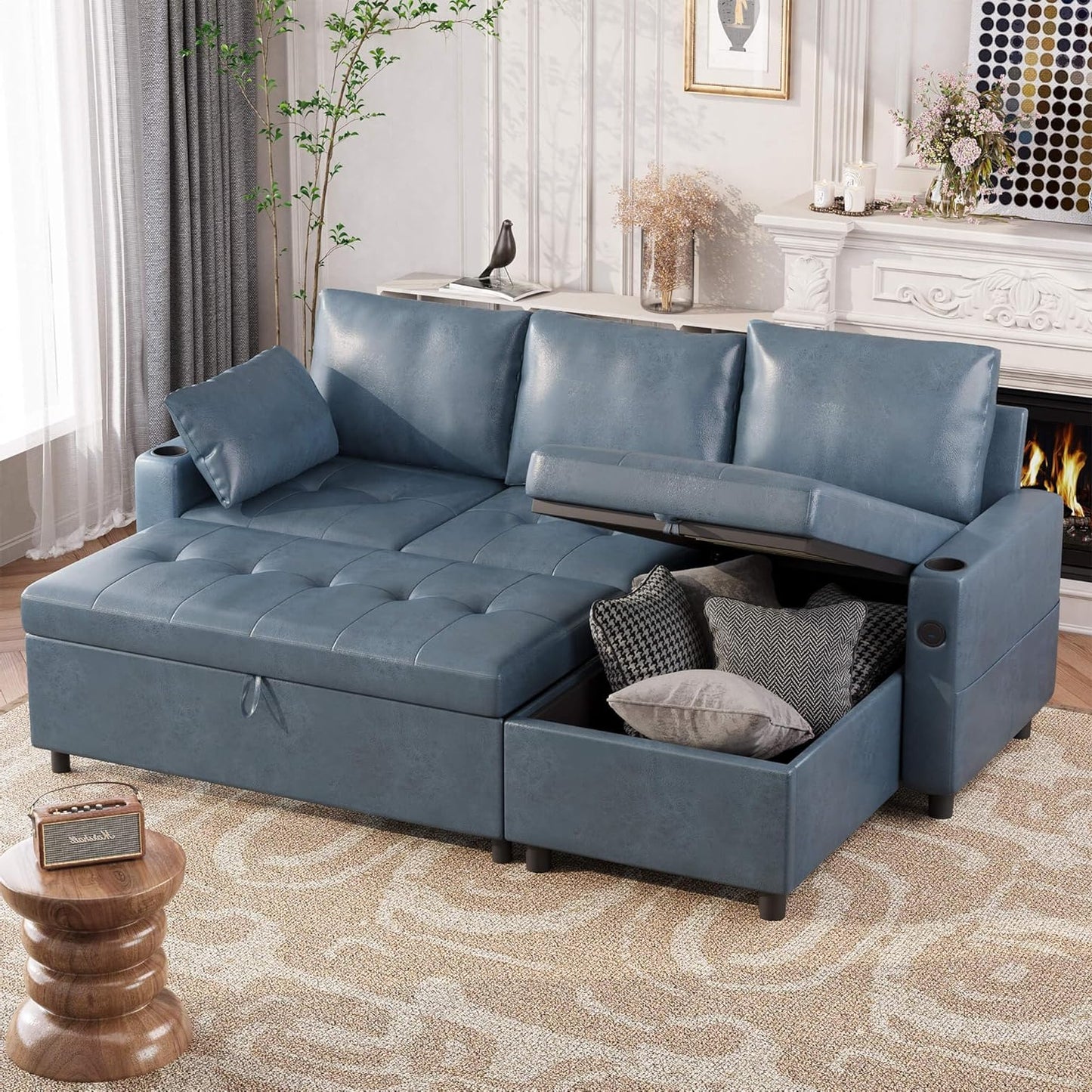 YODOLLA Faux Leather L-Shaped Sleeper Sofa, Pullout Bed, USB & Storage, Blue