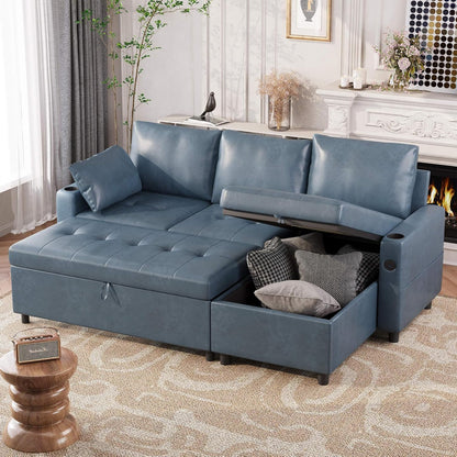 YODOLLA Faux Leather L-Shaped Sleeper Sofa, Pullout Bed, USB & Storage, Blue