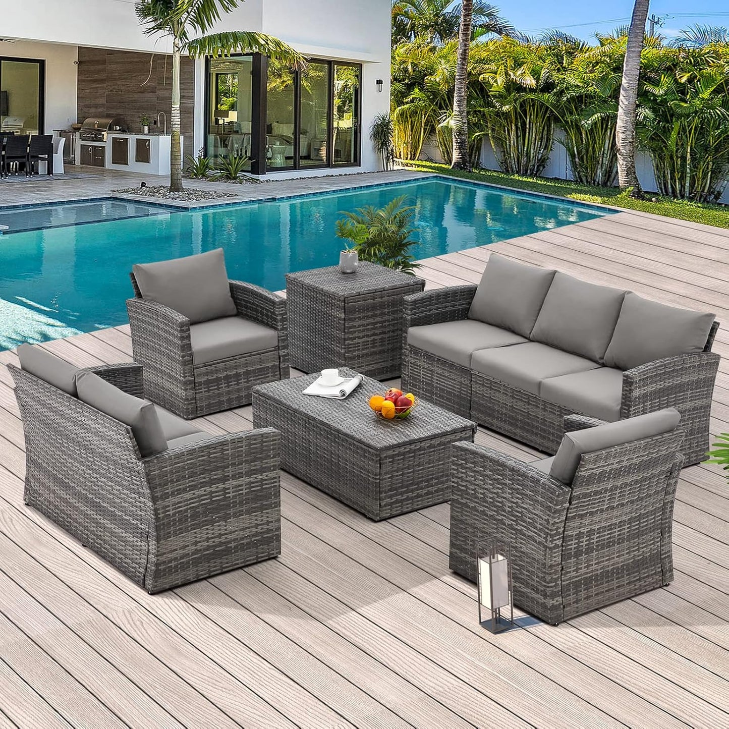 YODOLLA 7 Pieces Patio Furniture with Two Storage Boxes, Grey & Light Grey