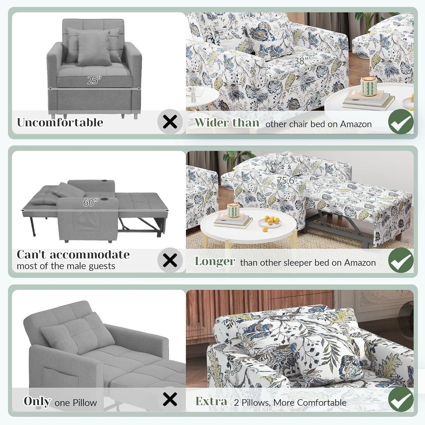 YODOLLA 3 in 1 Chair Bed Sleeper for Adults, Floral