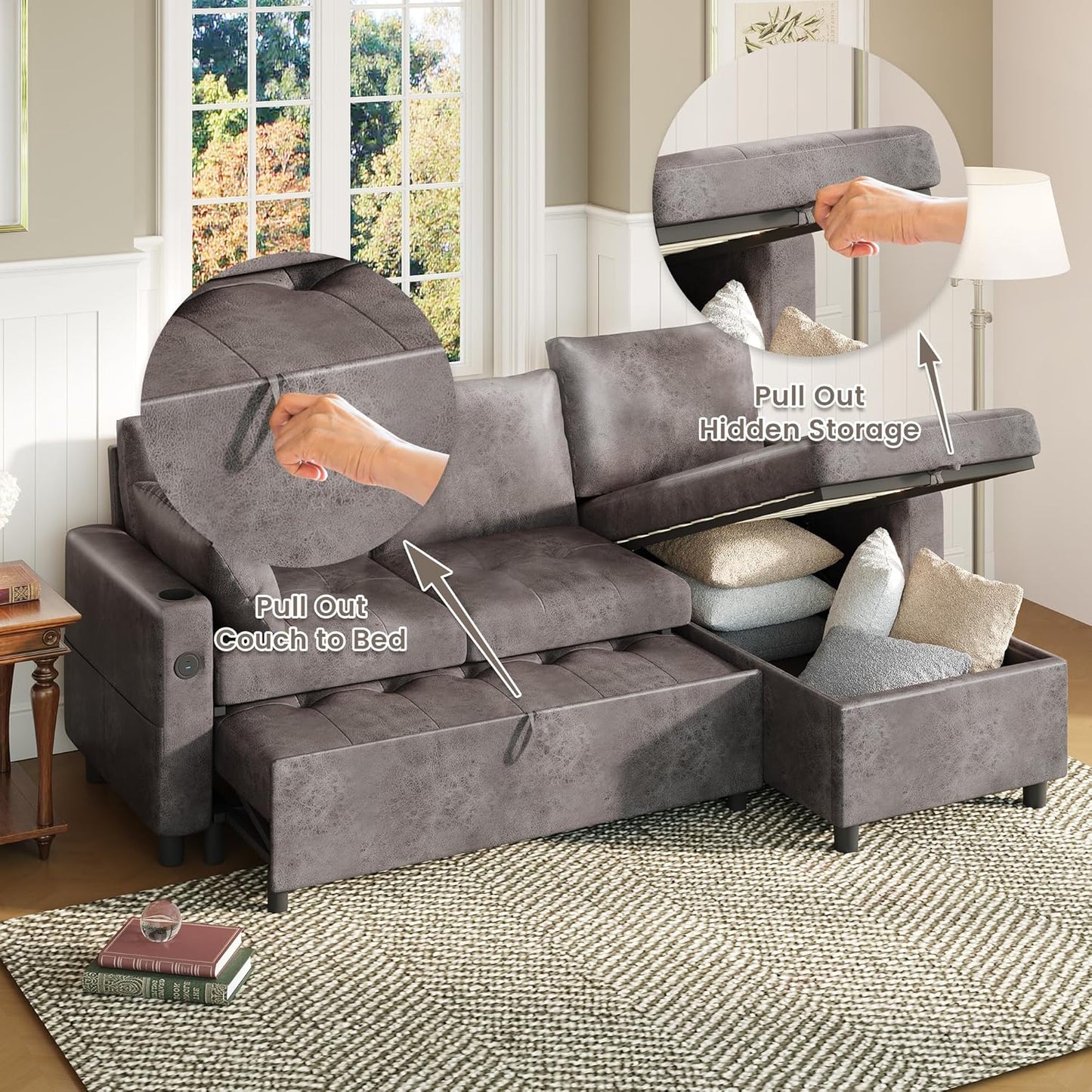 YODOLLA Faux Leather L-Shaped Sleeper Sofa, Pullout Bed, USB & Storage, Gray