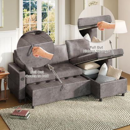 YODOLLA Faux Leather L-Shaped Sleeper Sofa, Pullout Bed, USB & Storage, Gray
