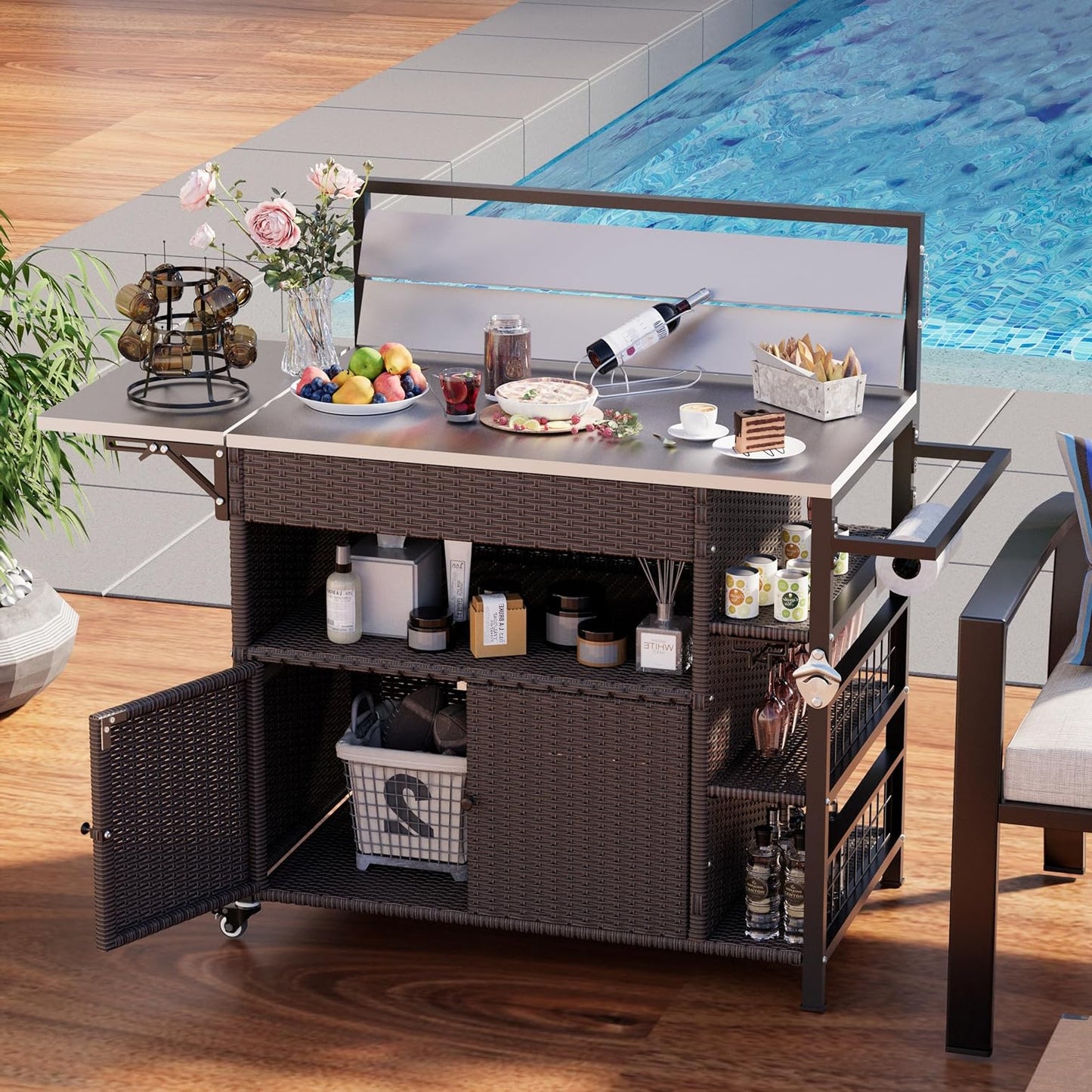 YODOLLA Outdoor Bar Cart with Rattan Storage Cabinet, Brown