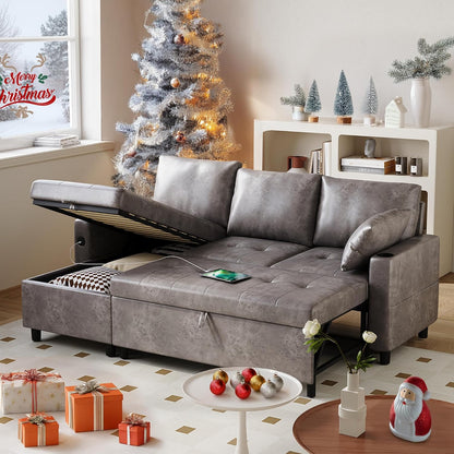 YODOLLA Faux Leather L-Shaped Sleeper Sofa, Pullout Bed, USB & Storage, Gray