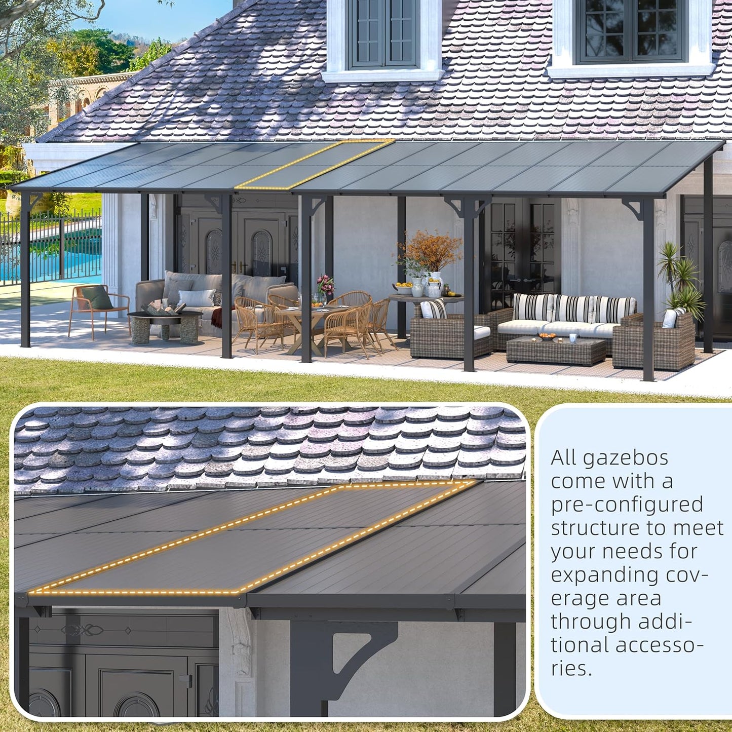 YODOLLA 14' x 10' Hard Top Lean to Gazebo for Patio, White