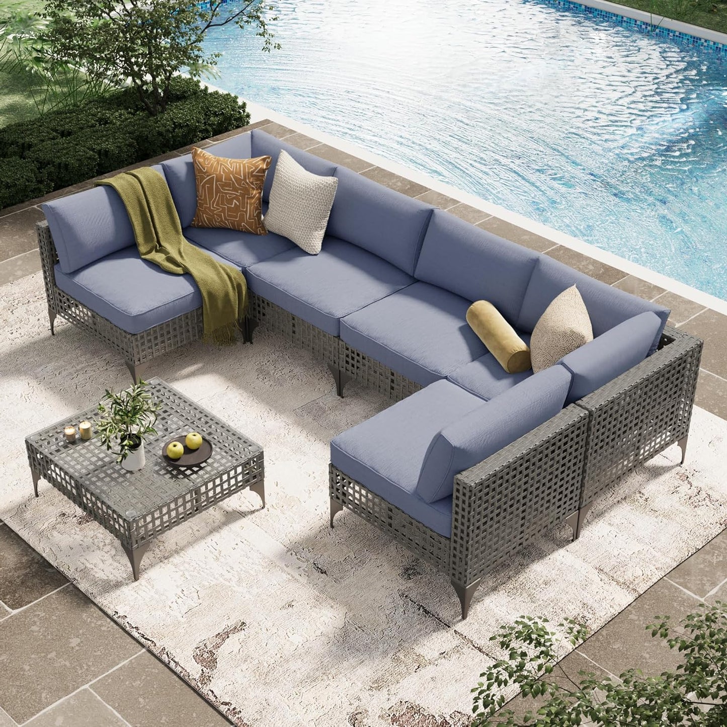 YODOLLA 7-Piece Outdoor Sofa Set, Grey Rattan & Blue Cushions