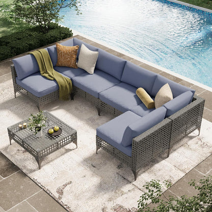 YODOLLA 7-Piece Outdoor Sofa Set, Grey Rattan & Blue Cushions