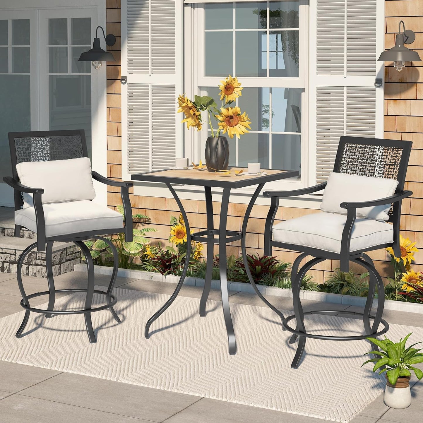 YODOLLA 3 Piece Swivel Bar Set with Cushion, Patio High Top Table and Chairs