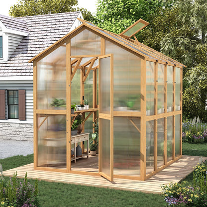 YODOLLA 6x7 FT Wooden Greenhouse, Walk-in Garden Greenhouse with Plant Stand
