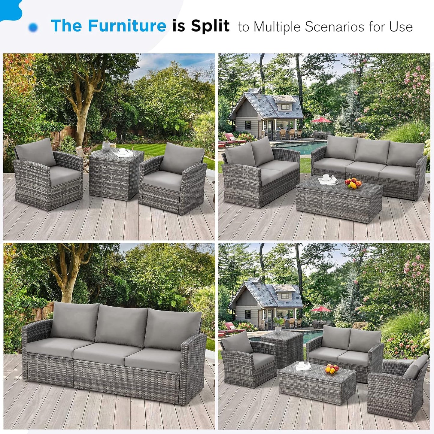 YODOLLA 7 Pieces Patio Furniture with Two Storage Boxes, Grey & Light Grey