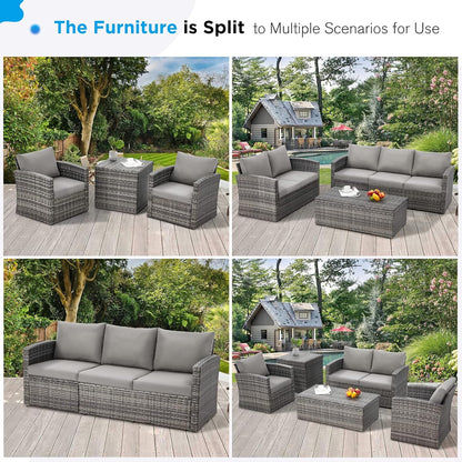 YODOLLA 7 Pieces Patio Furniture with Two Storage Boxes, Grey & Light Grey