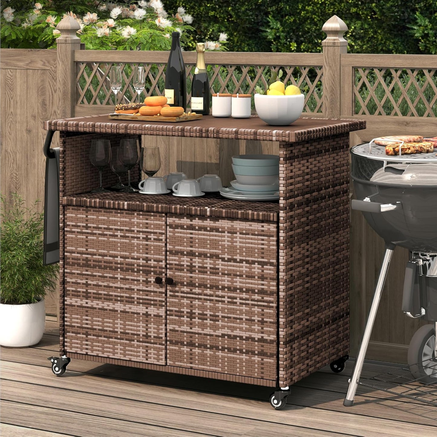 YODOLLA Outdoor Bar Cart, Patio Storage Grill Cart with Handles,Brown