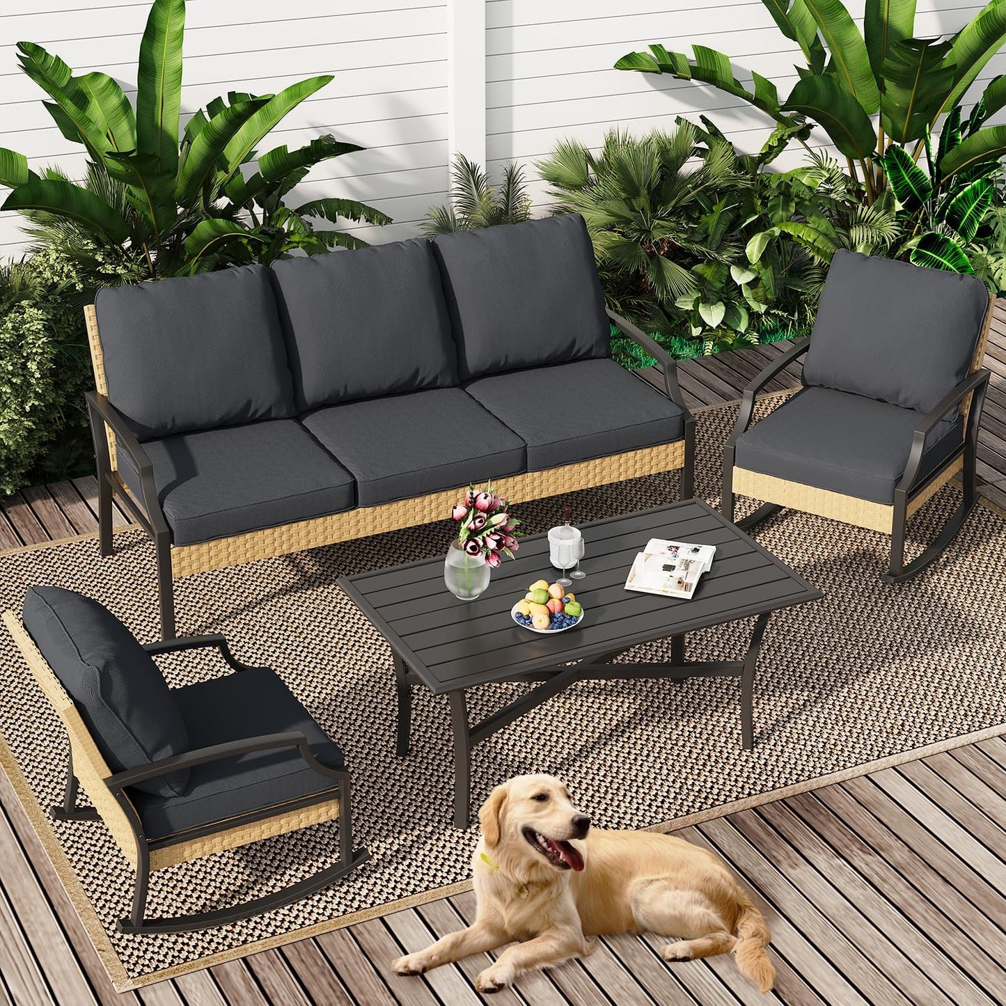 YODOLLA Outdoor Patio Furniture Set, 4 Piece Rattan Conversation Bistro Set with Coffee Table
