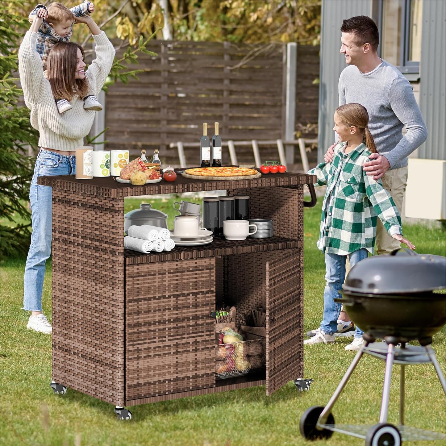 YODOLLA Outdoor Bar Cart, Patio Storage Grill Cart with Handles,Brown
