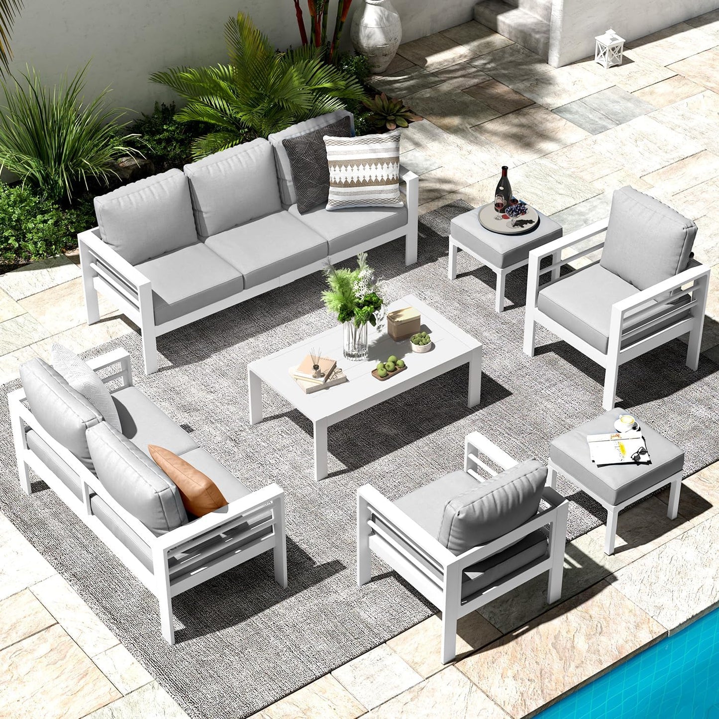YODOLLA 7-Piece Patio Set, Light Gray Cushions