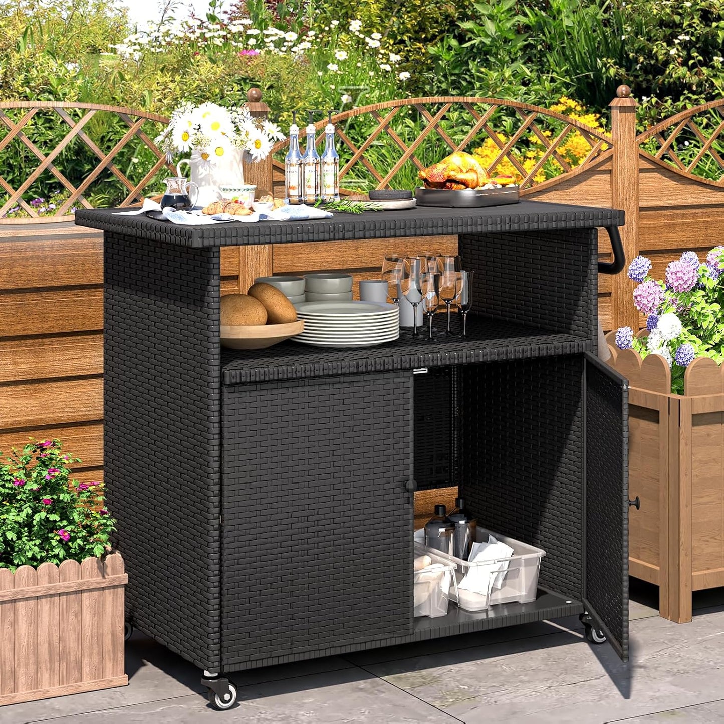 YODOLLA Outdoor Bar Cart, Patio Storage Grill Cart with Handles,Black