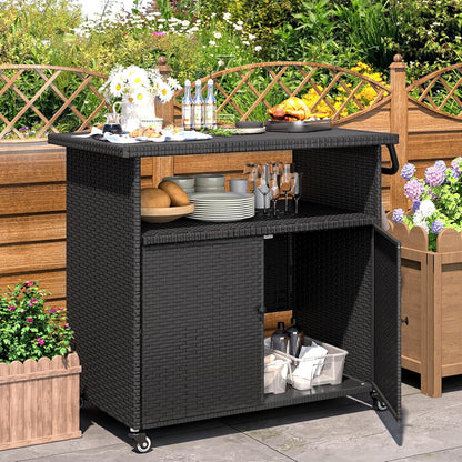 YODOLLA Outdoor Bar Cart, Patio Storage Grill Cart with Handles,Black