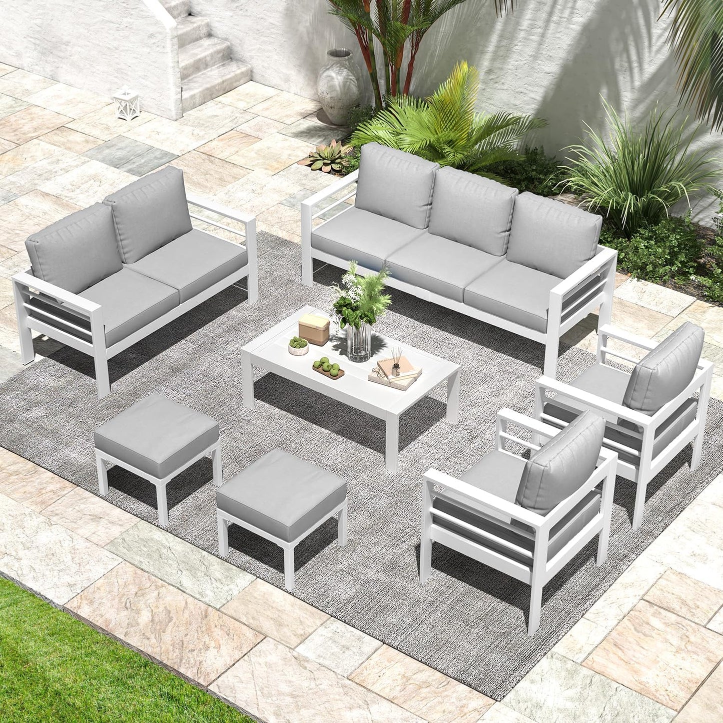 YODOLLA 7-Piece Patio Set, Light Gray Cushions